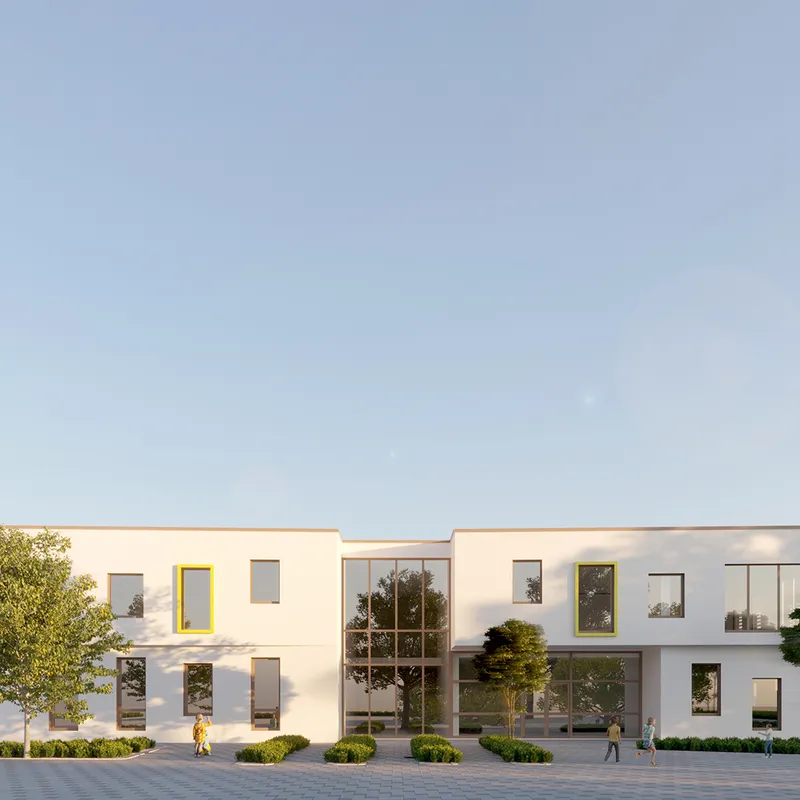 Modern apartment building facade with geometric windows