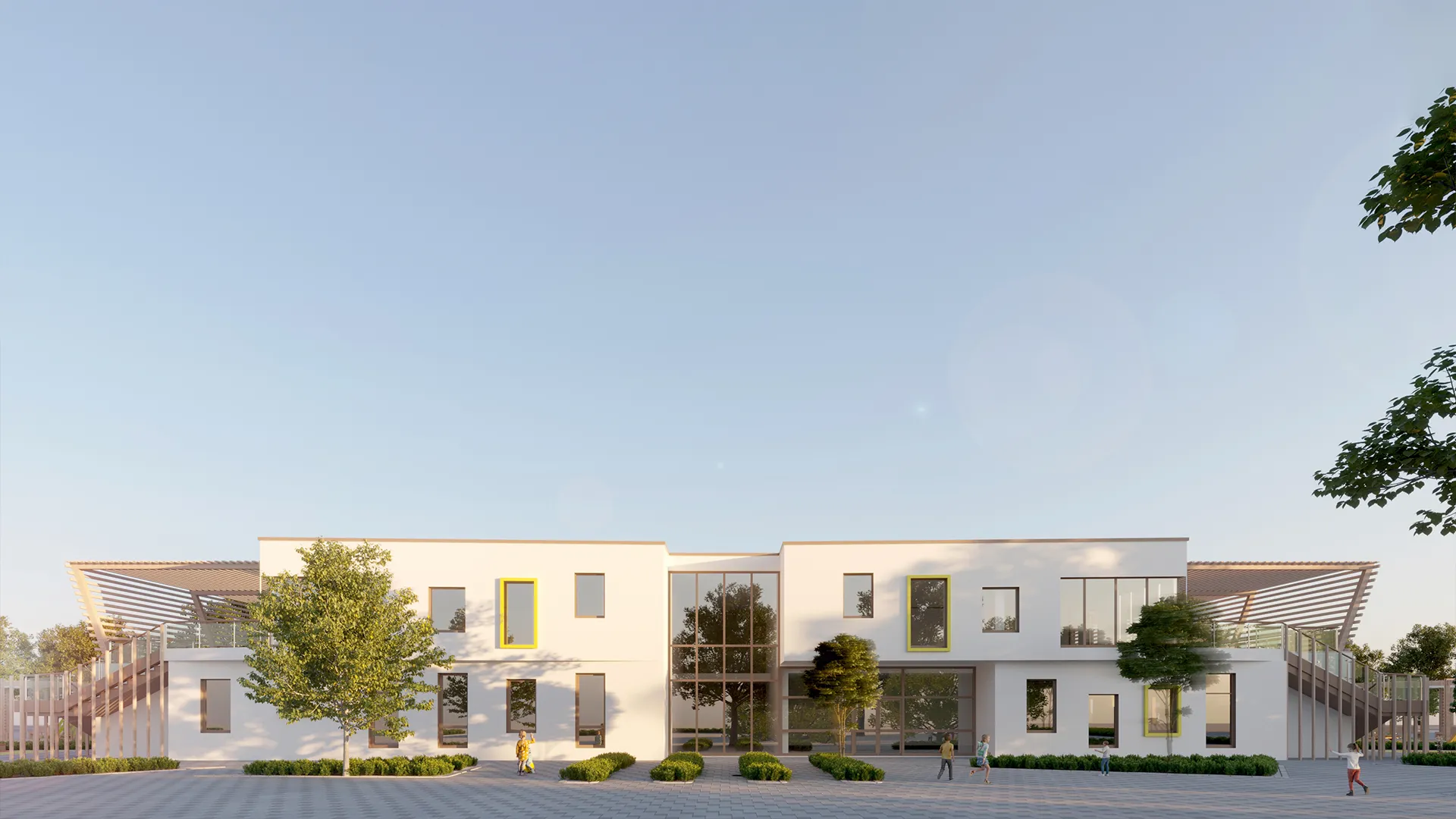 Modern apartment building facade with geometric windows