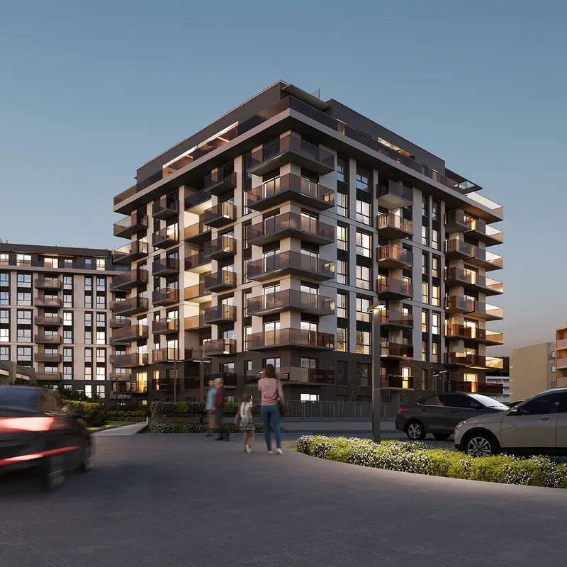Modern apartment building facade with geometric windows