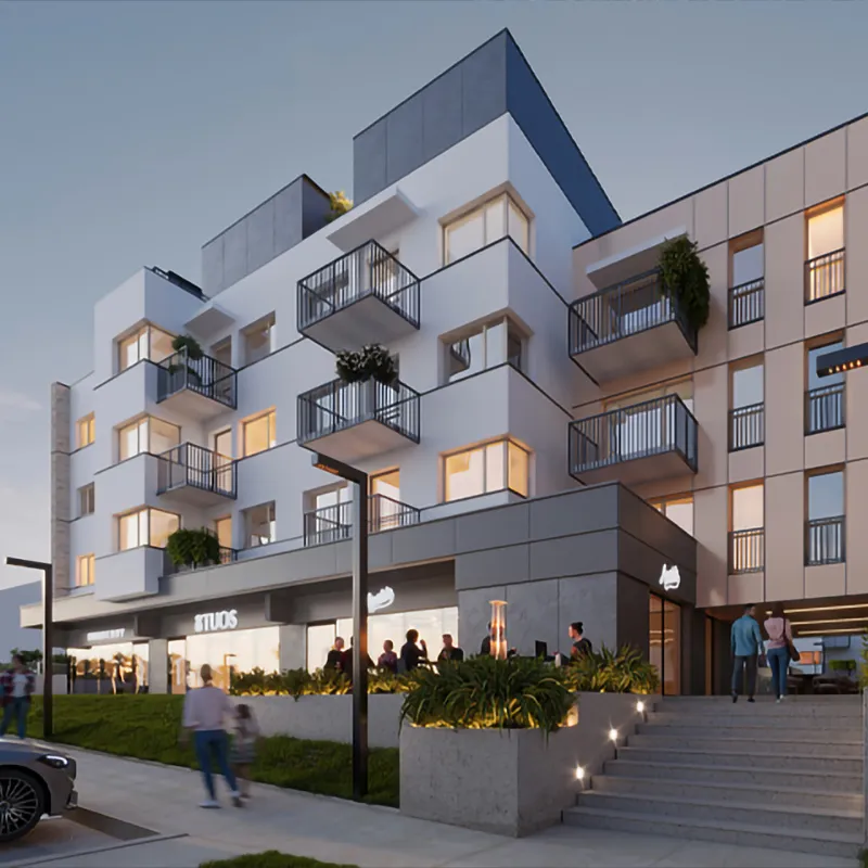 Modern apartment building facade with geometric windows