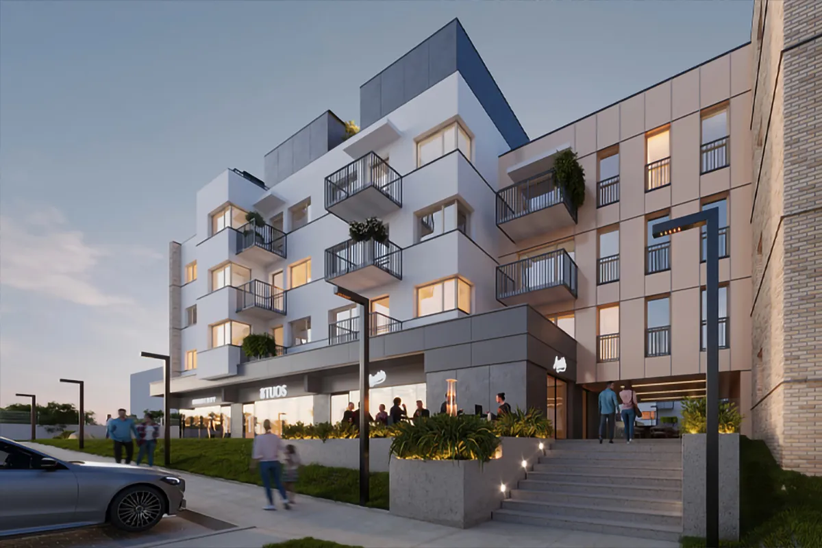 Modern apartment building facade with geometric windows