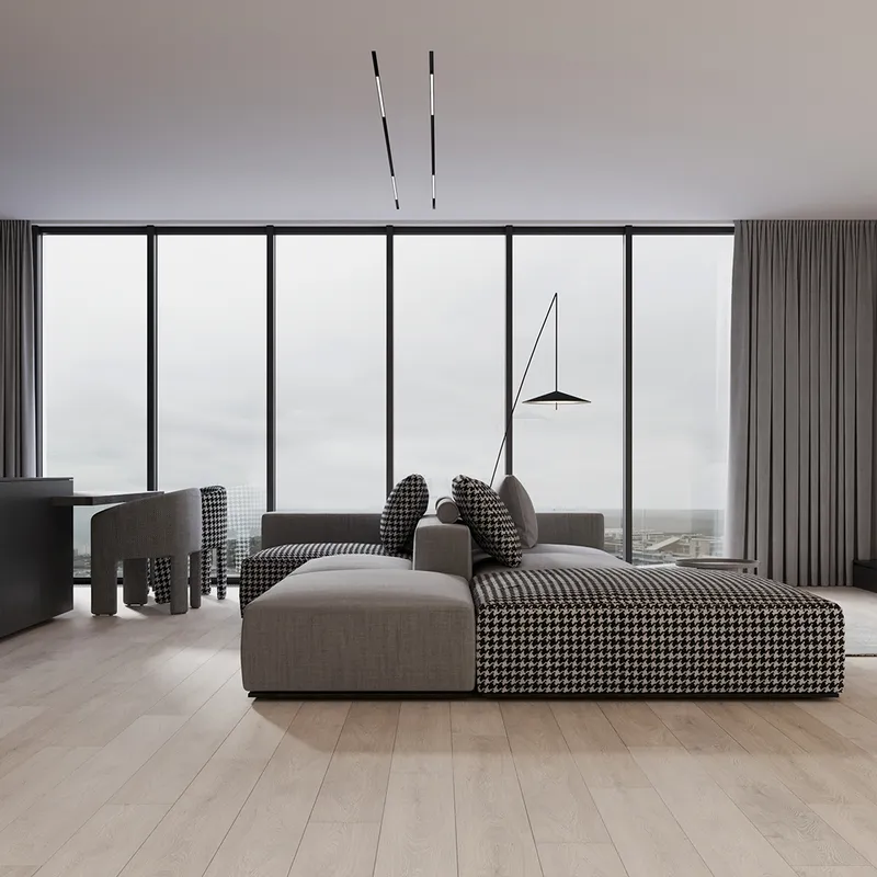 Modern apartment building facade with geometric windows